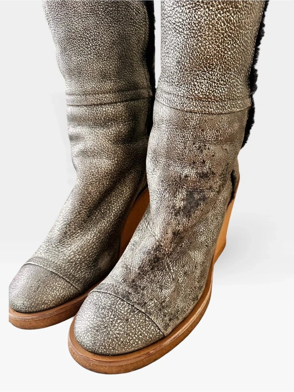Chanel Karl Lagerfeld Rare Distressed Metallic Sheepskin Shearling Wedge Boot 40
